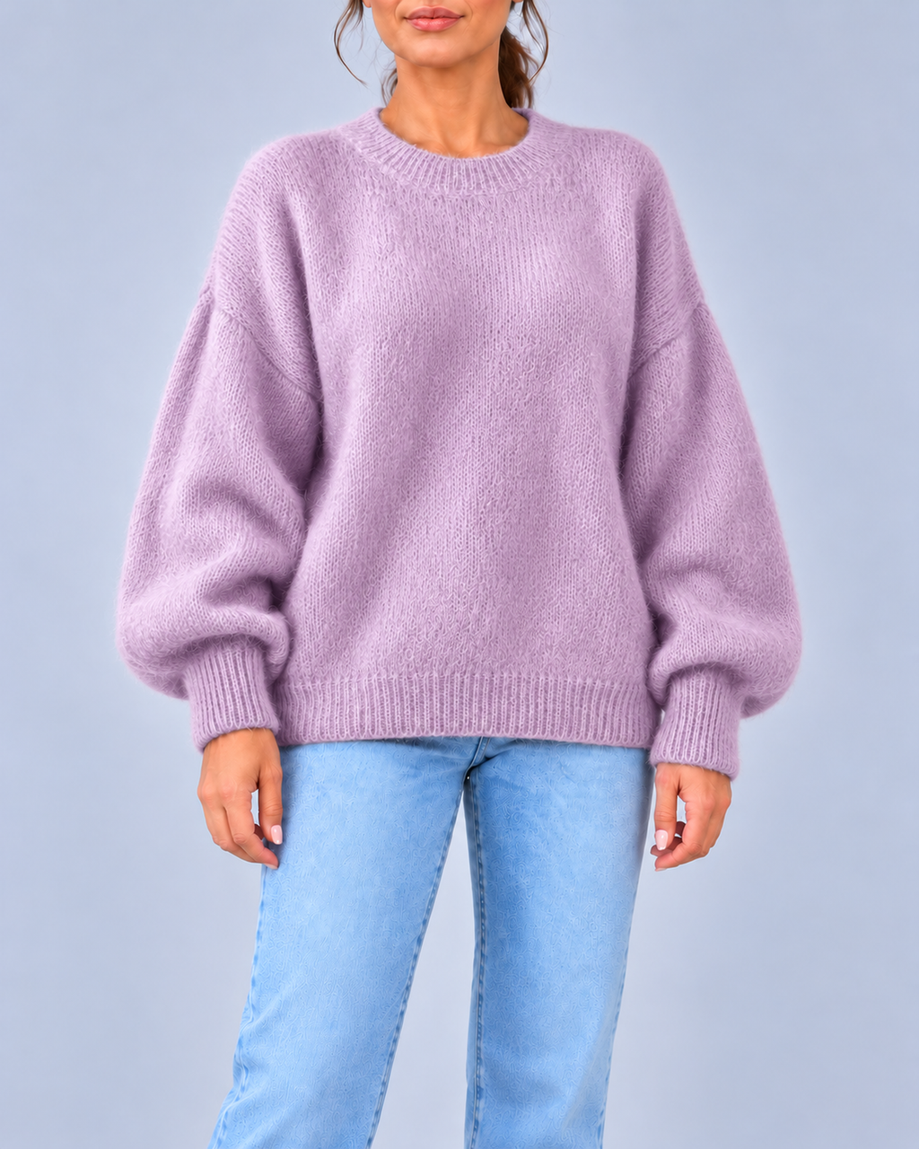 Women's Oversized Brushed Knit Crew Neck Jumper with Balloon Sleeves – Purple – 1