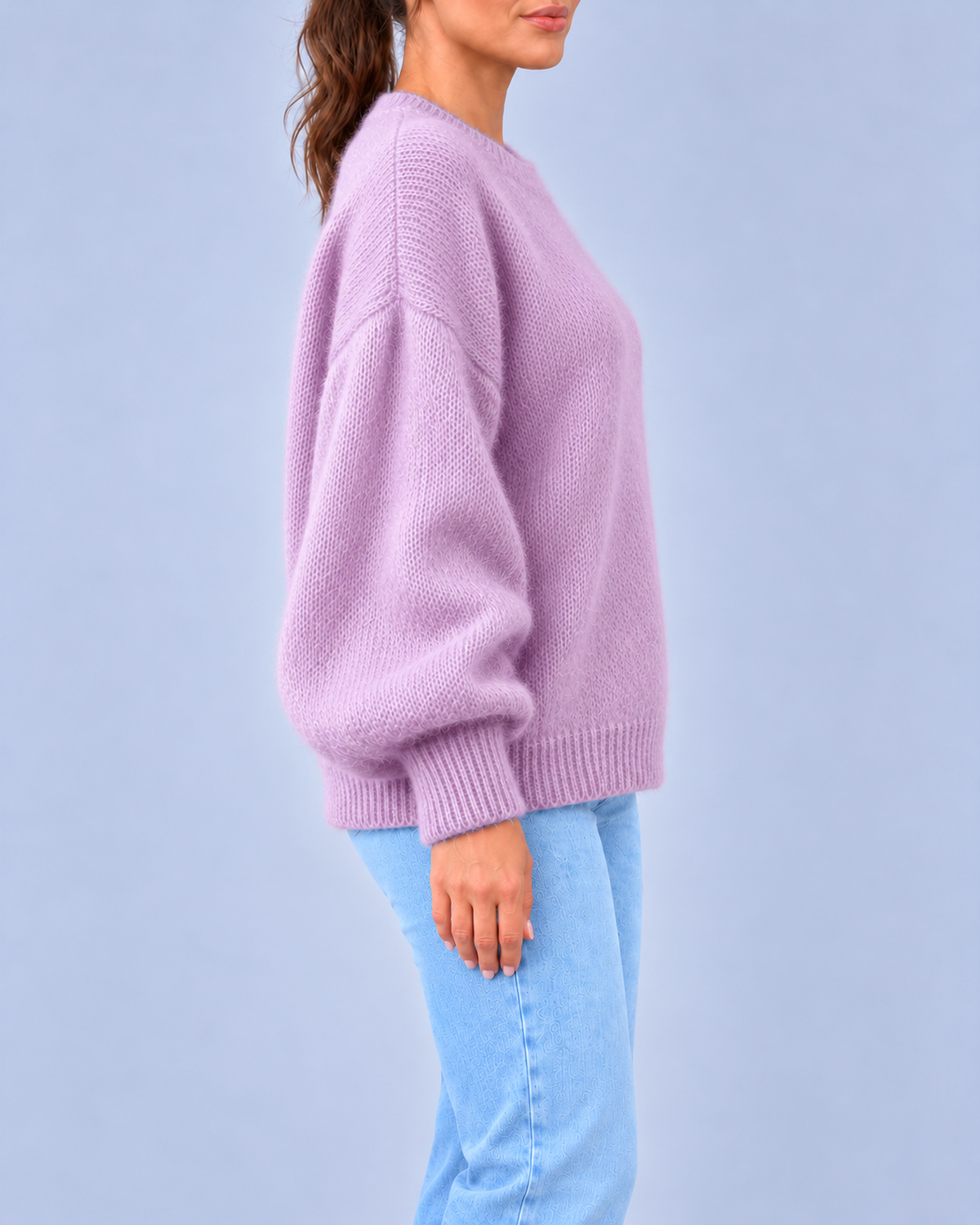 Women's Oversized Brushed Knit Crew Neck Jumper with Balloon Sleeves – Purple – 2