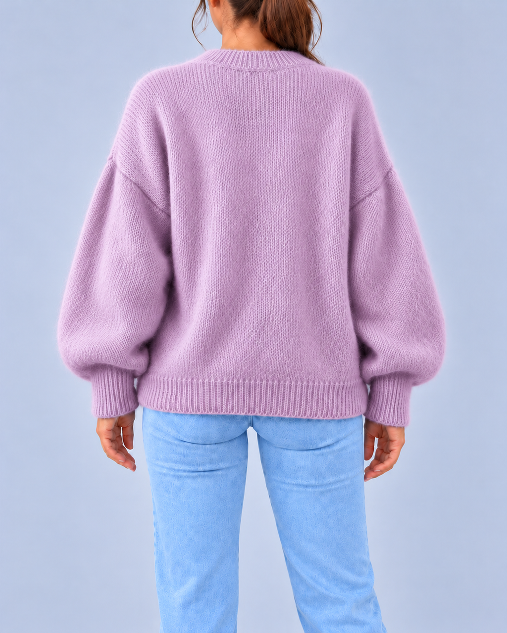 Women's Oversized Brushed Knit Crew Neck Jumper with Balloon Sleeves – Purple – 3