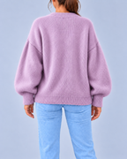 Women's Oversized Brushed Knit Crew Neck Jumper with Balloon Sleeves – Purple – 3