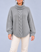 Women's Oversized Cable Knit Roll Neck Jumper with Side Splits – Grey – 1