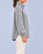 Women's Oversized Cable Knit Roll Neck Jumper with Side Splits – Grey – 2
