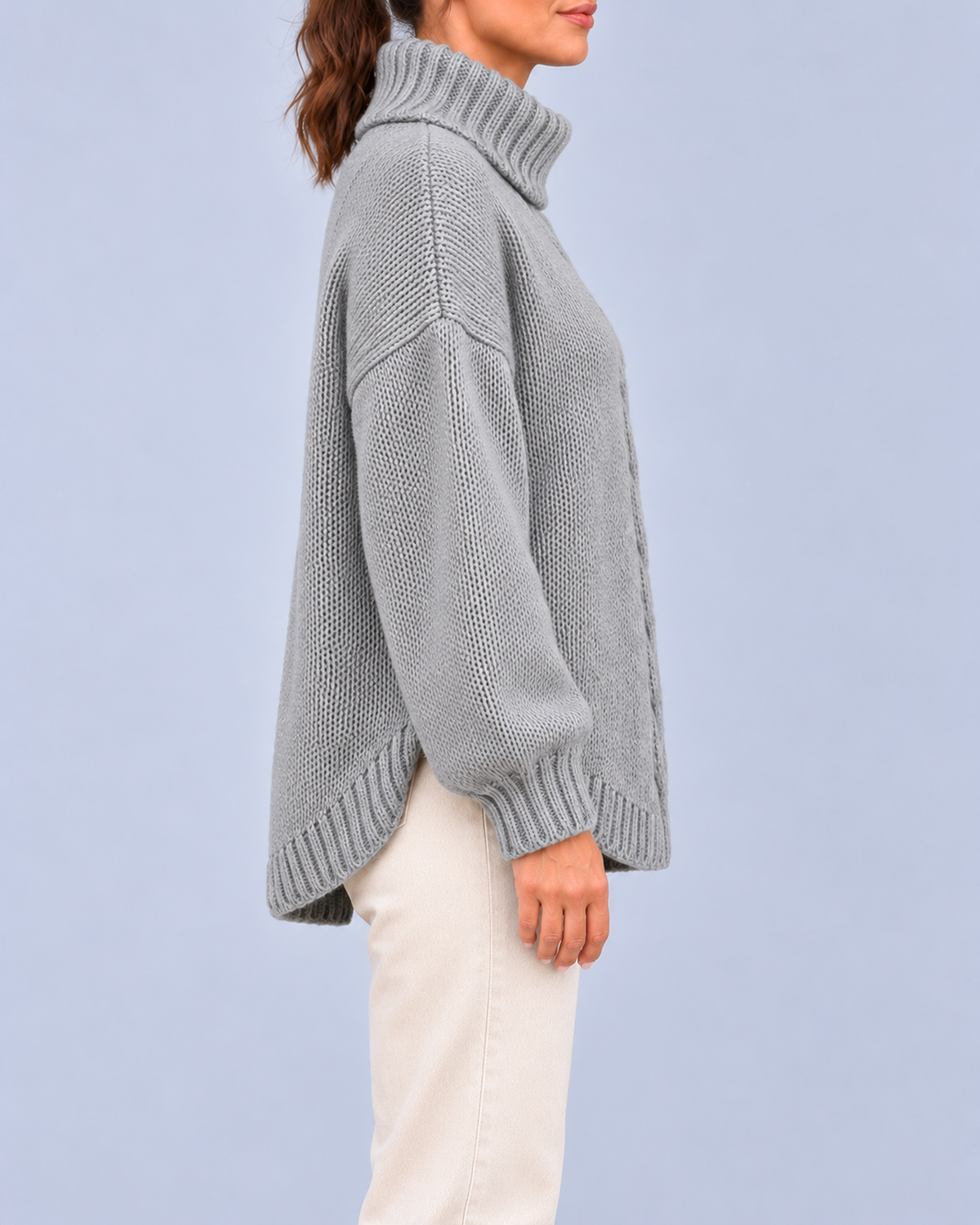 Women's Oversized Cable Knit Roll Neck Jumper with Side Splits – Grey – 2