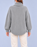 Women's Oversized Cable Knit Roll Neck Jumper with Side Splits – Grey – 3