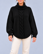 Women's Oversized Cable Knit Roll Neck Jumper with Side Splits – Black – 1