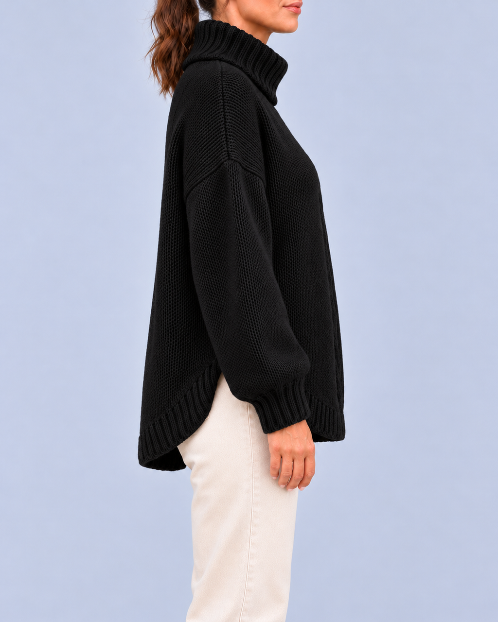 Women's Oversized Cable Knit Roll Neck Jumper with Side Splits – Black – 2