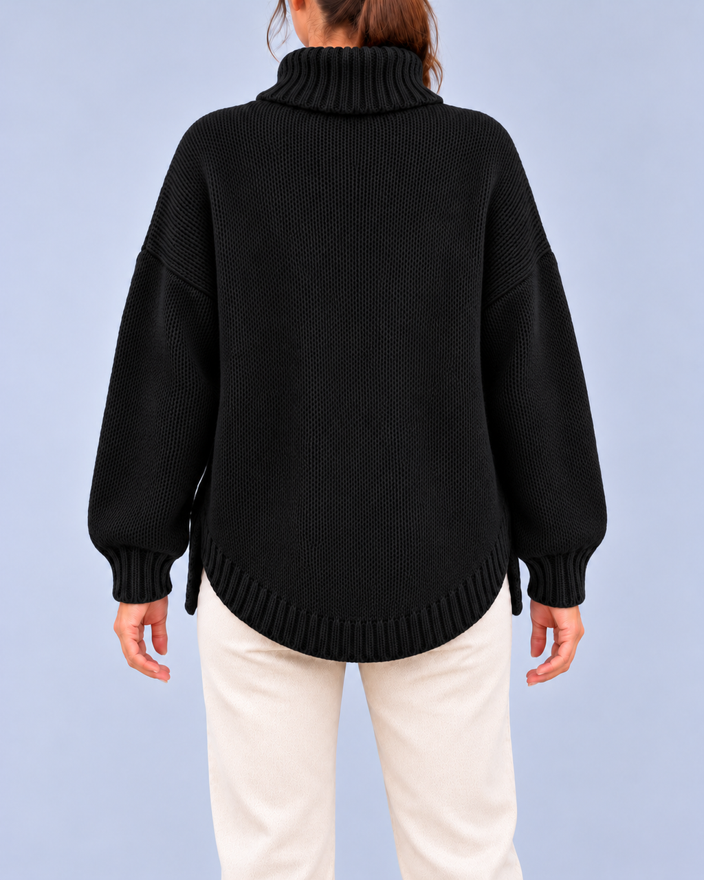Women's Oversized Cable Knit Roll Neck Jumper with Side Splits – Black – 3
