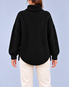 Women's Oversized Cable Knit Roll Neck Jumper with Side Splits – Black – 3