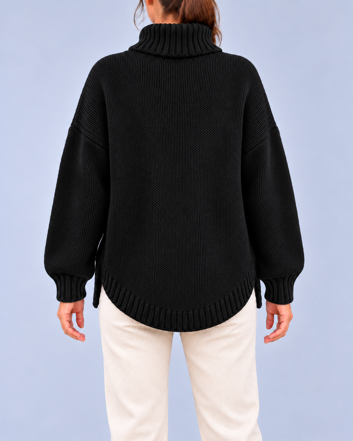 Women's Oversized Cable Knit Roll Neck Jumper with Side Splits – Black – 3