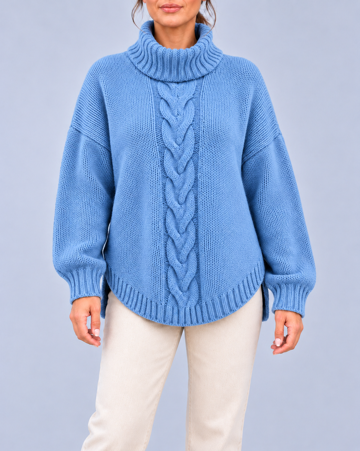 Women's Oversized Cable Knit Roll Neck Jumper with Side Splits – Blue – 1