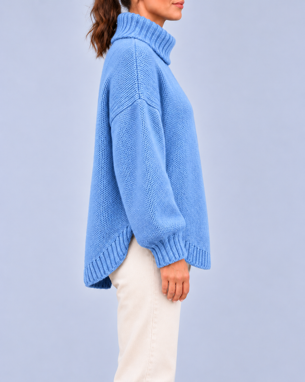 Women's Oversized Cable Knit Roll Neck Jumper with Side Splits – Blue – 2