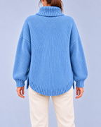Women's Oversized Cable Knit Roll Neck Jumper with Side Splits – Blue – 3