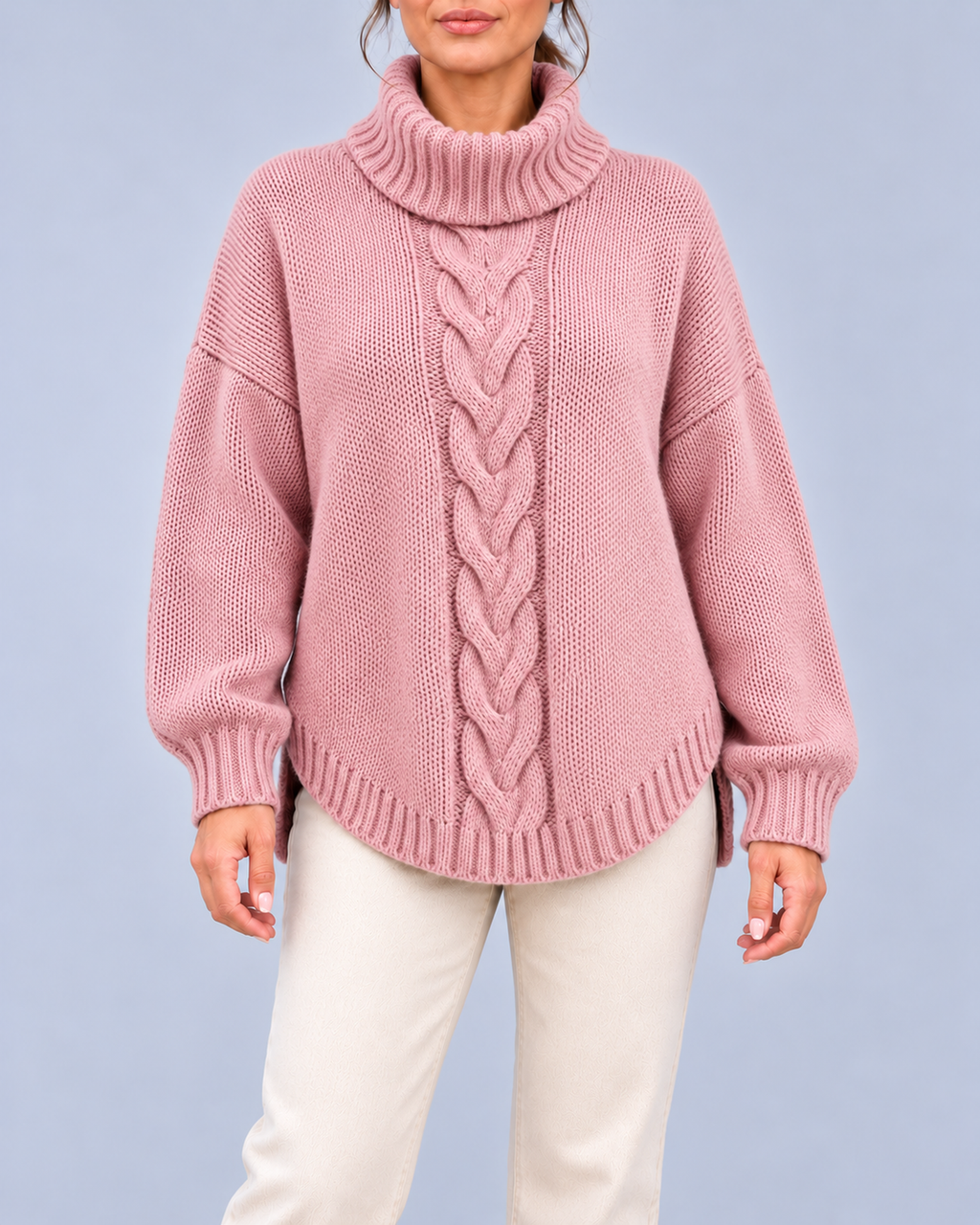 Women's Oversized Cable Knit Roll Neck Jumper with Side Splits – Pink – 1