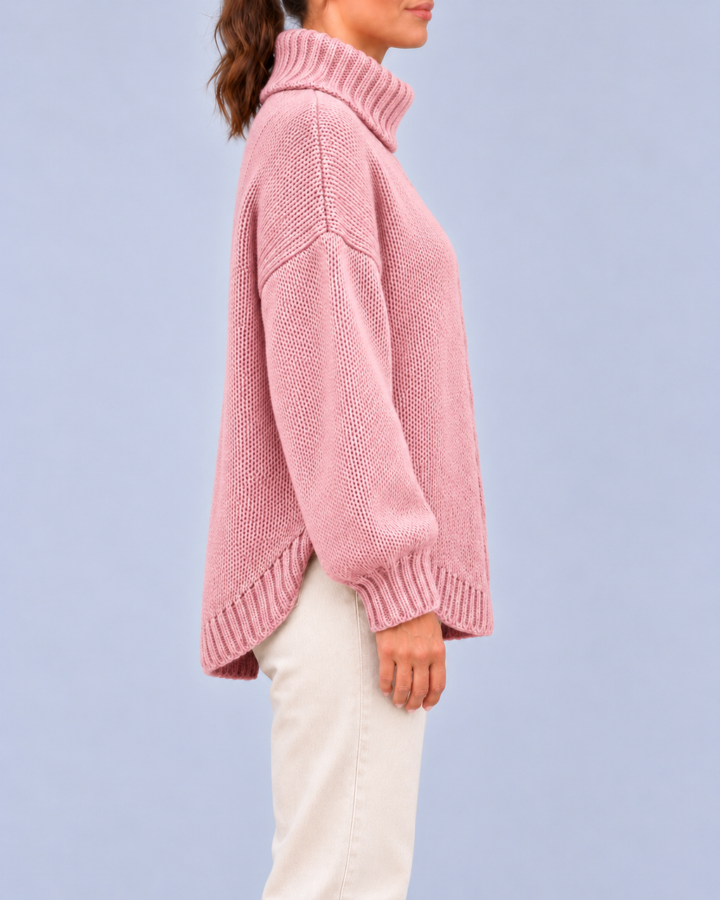 Women's Oversized Cable Knit Roll Neck Jumper with Side Splits – Pink – 2