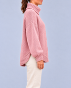 Women's Oversized Cable Knit Roll Neck Jumper with Side Splits – Pink – 2