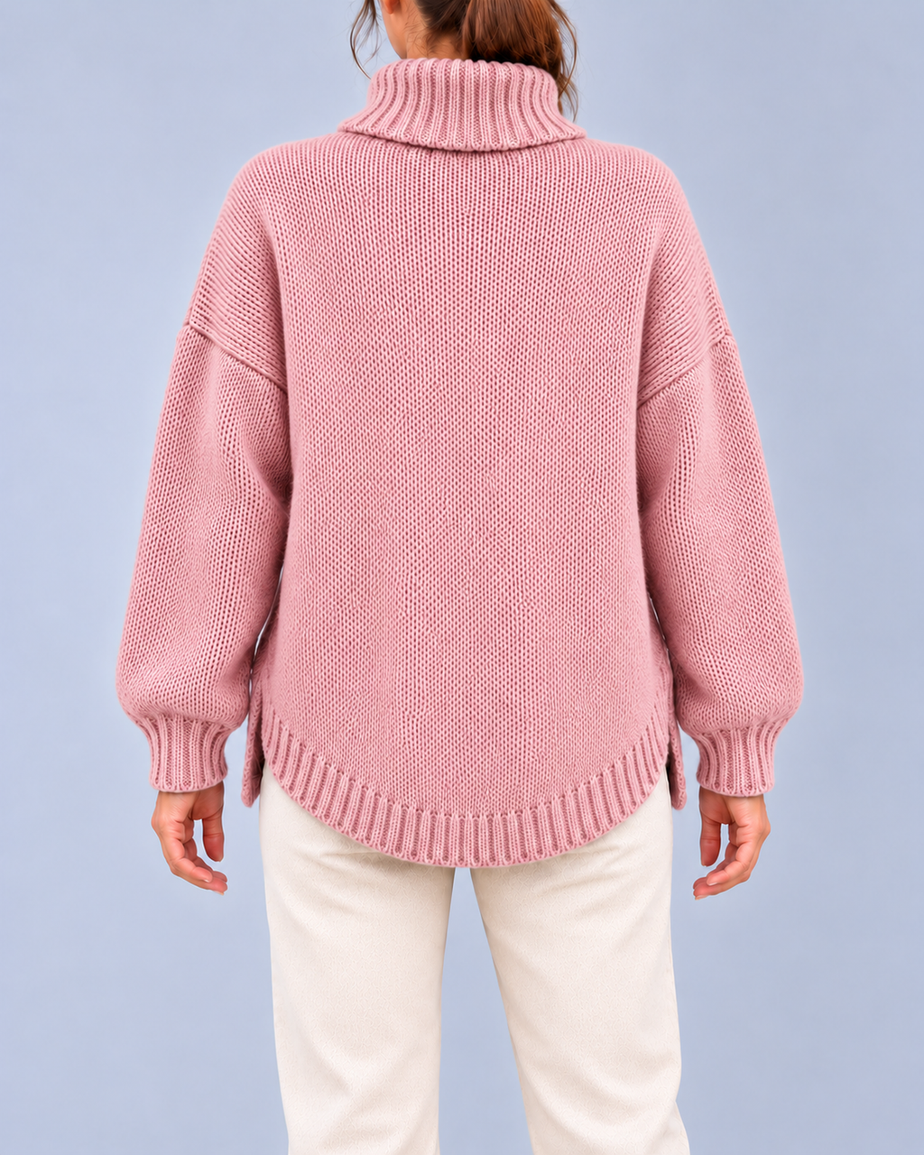 Women's Oversized Cable Knit Roll Neck Jumper with Side Splits – Pink – 3