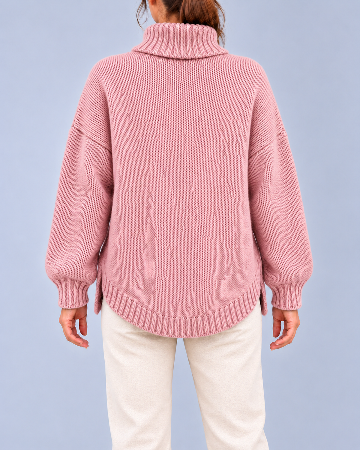 Women's Oversized Cable Knit Roll Neck Jumper with Side Splits – Pink – 3
