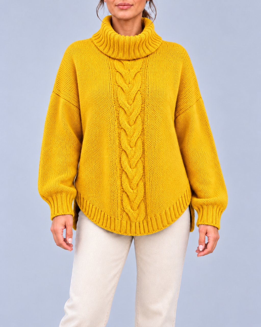 Women's Oversized Cable Knit Roll Neck Jumper with Side Splits – Yellow – 1