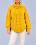 Women's Oversized Cable Knit Roll Neck Jumper with Side Splits – Yellow – 1