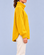 Women's Oversized Cable Knit Roll Neck Jumper with Side Splits – Yellow – 2