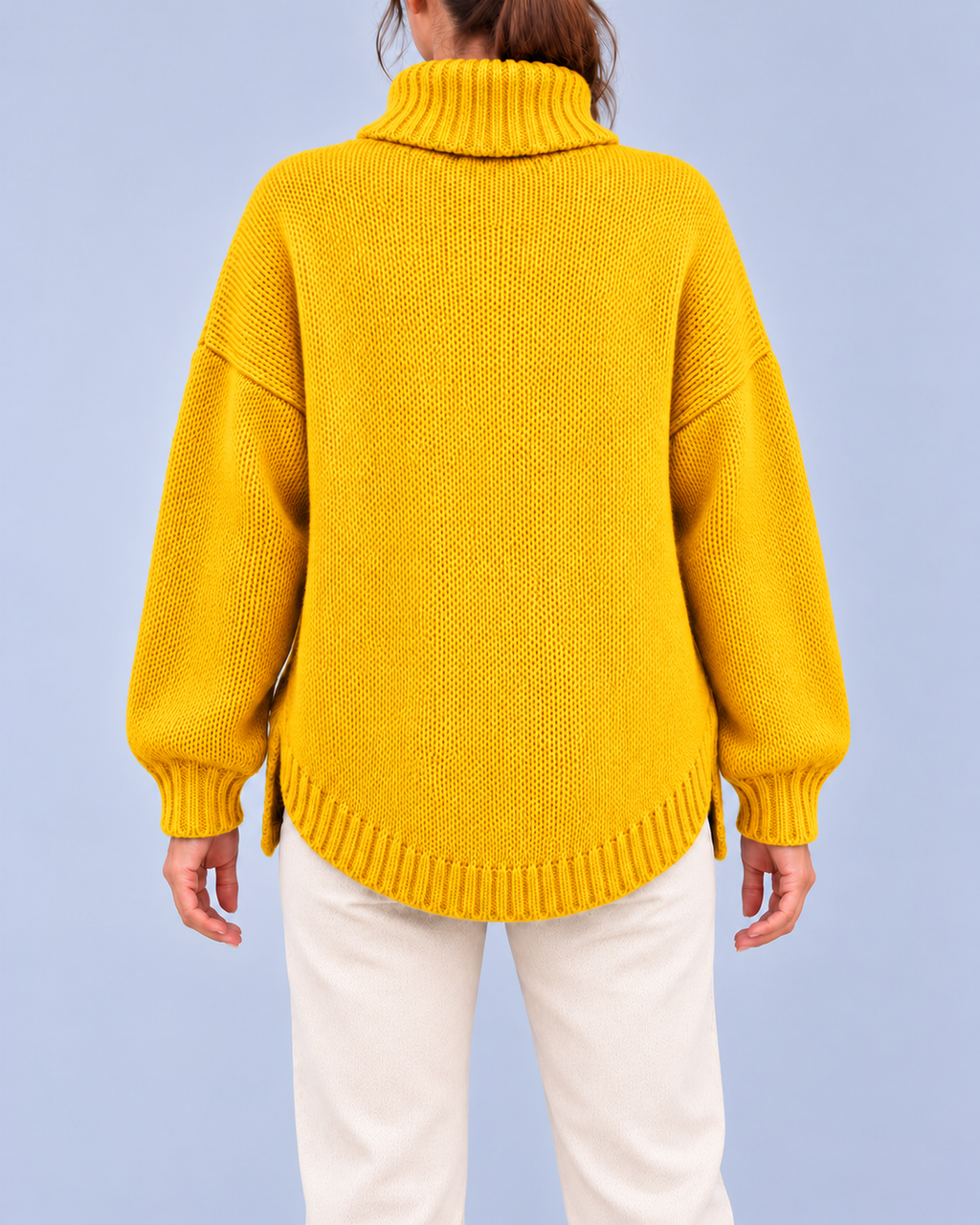 Women's Oversized Cable Knit Roll Neck Jumper with Side Splits – Yellow – 3