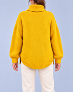 Women's Oversized Cable Knit Roll Neck Jumper with Side Splits – Yellow – 3