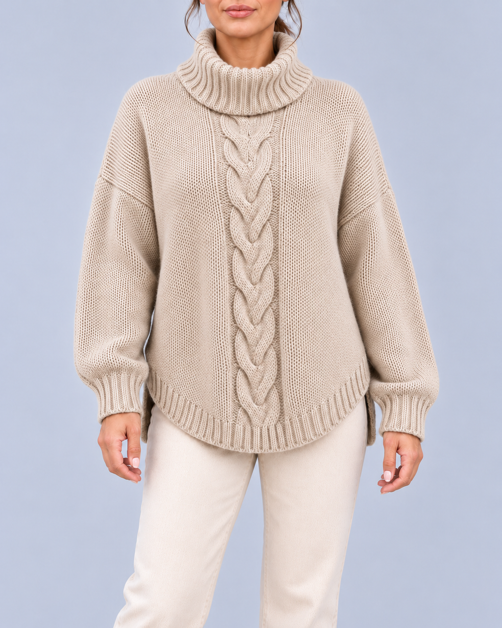 Women's Oversized Cable Knit Roll Neck Jumper with Side Splits – Beige – 1