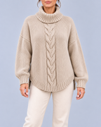 Women's Oversized Cable Knit Roll Neck Jumper with Side Splits – Beige – 1