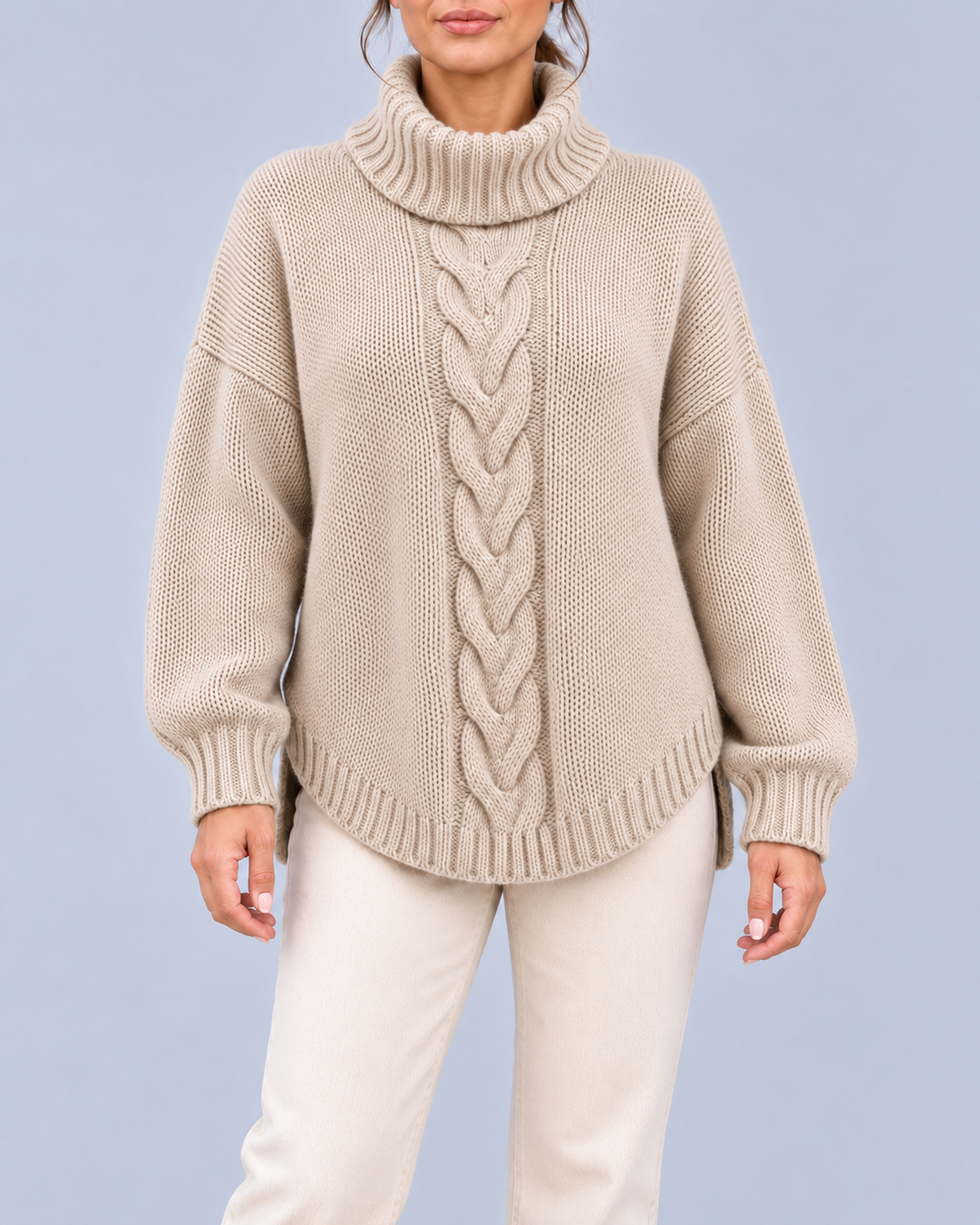 Women's Oversized Cable Knit Roll Neck Jumper with Side Splits – Beige – 1