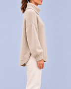Women's Oversized Cable Knit Roll Neck Jumper with Side Splits – Beige – 2