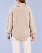 Women's Oversized Cable Knit Roll Neck Jumper with Side Splits – Beige – 3