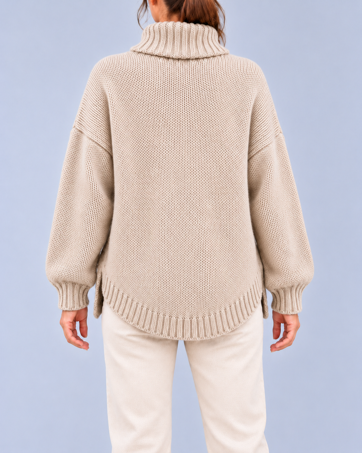 Women's Oversized Cable Knit Roll Neck Jumper with Side Splits – Beige – 3