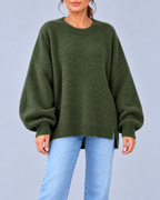 Women's Oversized Crew Neck Knit Jumper with Balloon Sleeves – Dark Green – 1