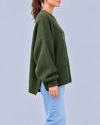 Women's Oversized Crew Neck Knit Jumper with Balloon Sleeves – Dark Green – 2