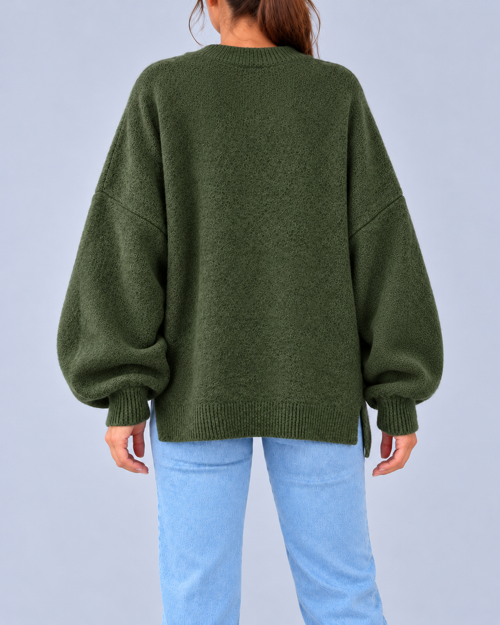 Women's Oversized Crew Neck Knit Jumper with Balloon Sleeves – Dark Green – 3