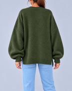 Women's Oversized Crew Neck Knit Jumper with Balloon Sleeves – Dark Green – 3