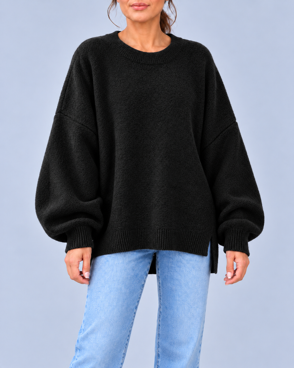 Women's Oversized Crew Neck Knit Jumper with Balloon Sleeves – Black – 1