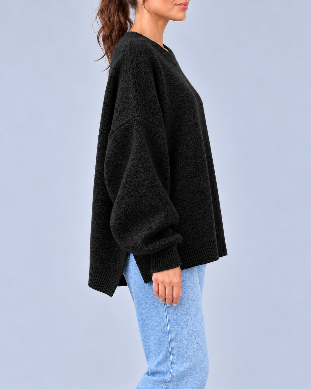 Women's Oversized Crew Neck Knit Jumper with Balloon Sleeves – Black – 2