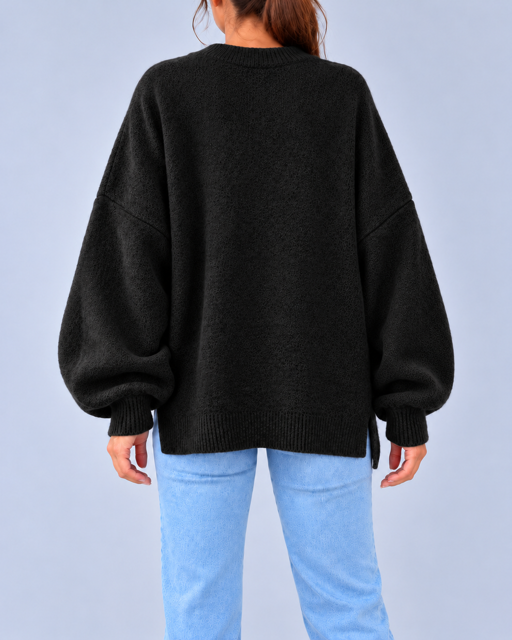 Women's Oversized Crew Neck Knit Jumper with Balloon Sleeves – Black – 3