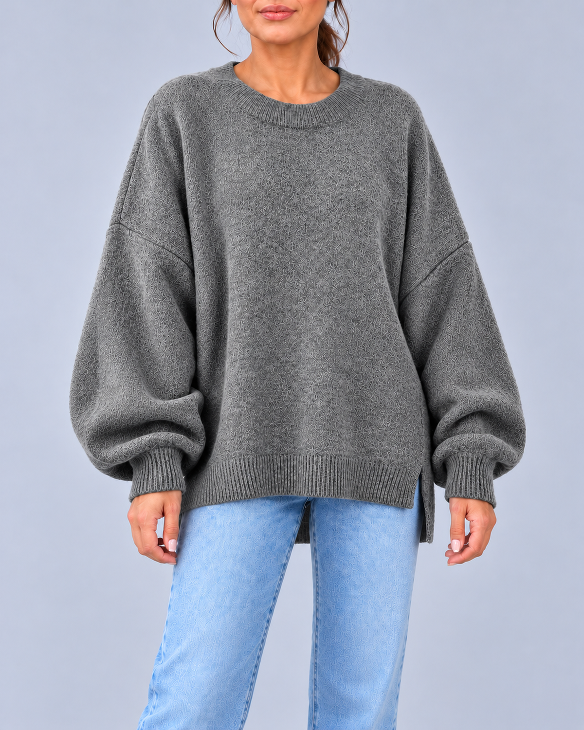 Women's Oversized Crew Neck Knit Jumper with Balloon Sleeves – Grey – 1