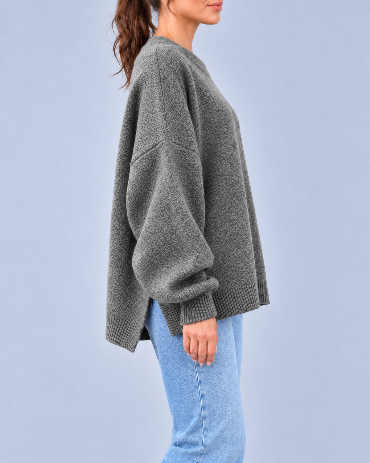 Women's Oversized Crew Neck Knit Jumper with Balloon Sleeves – Grey – 2