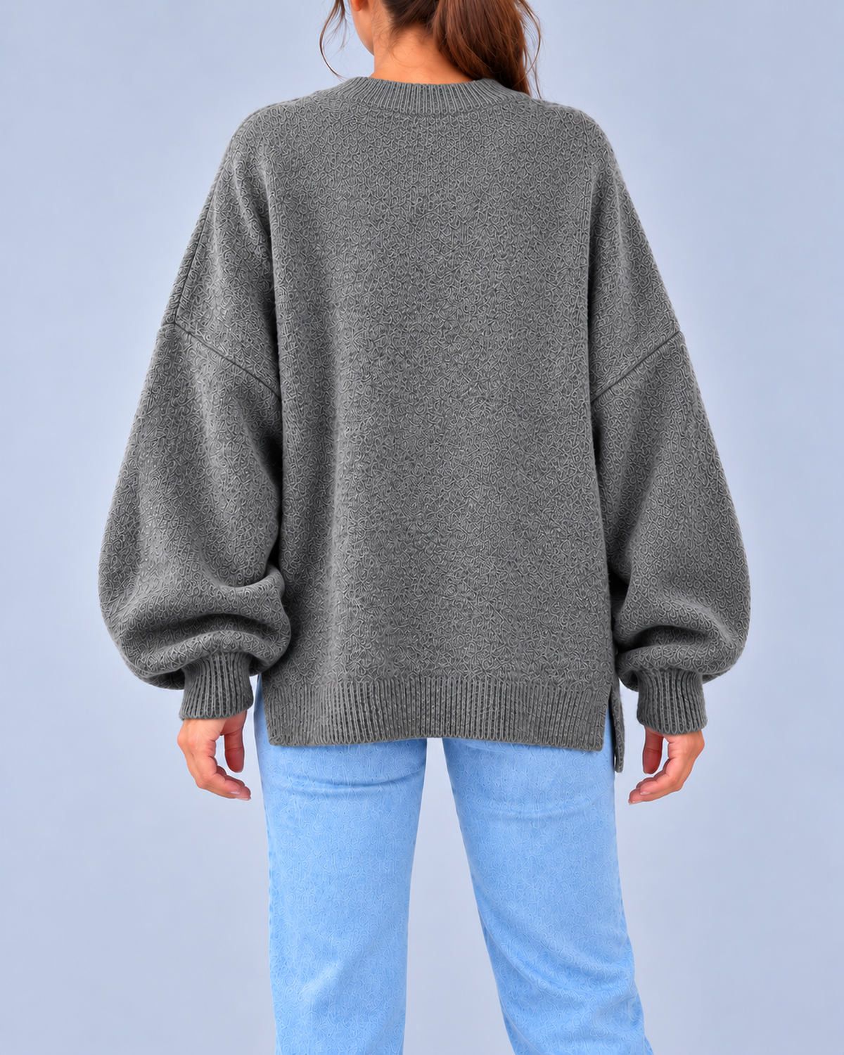 Women's Oversized Crew Neck Knit Jumper with Balloon Sleeves – Grey – 3