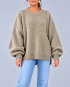 Women's Oversized Crew Neck Knit Jumper with Balloon Sleeves – Beige – 1