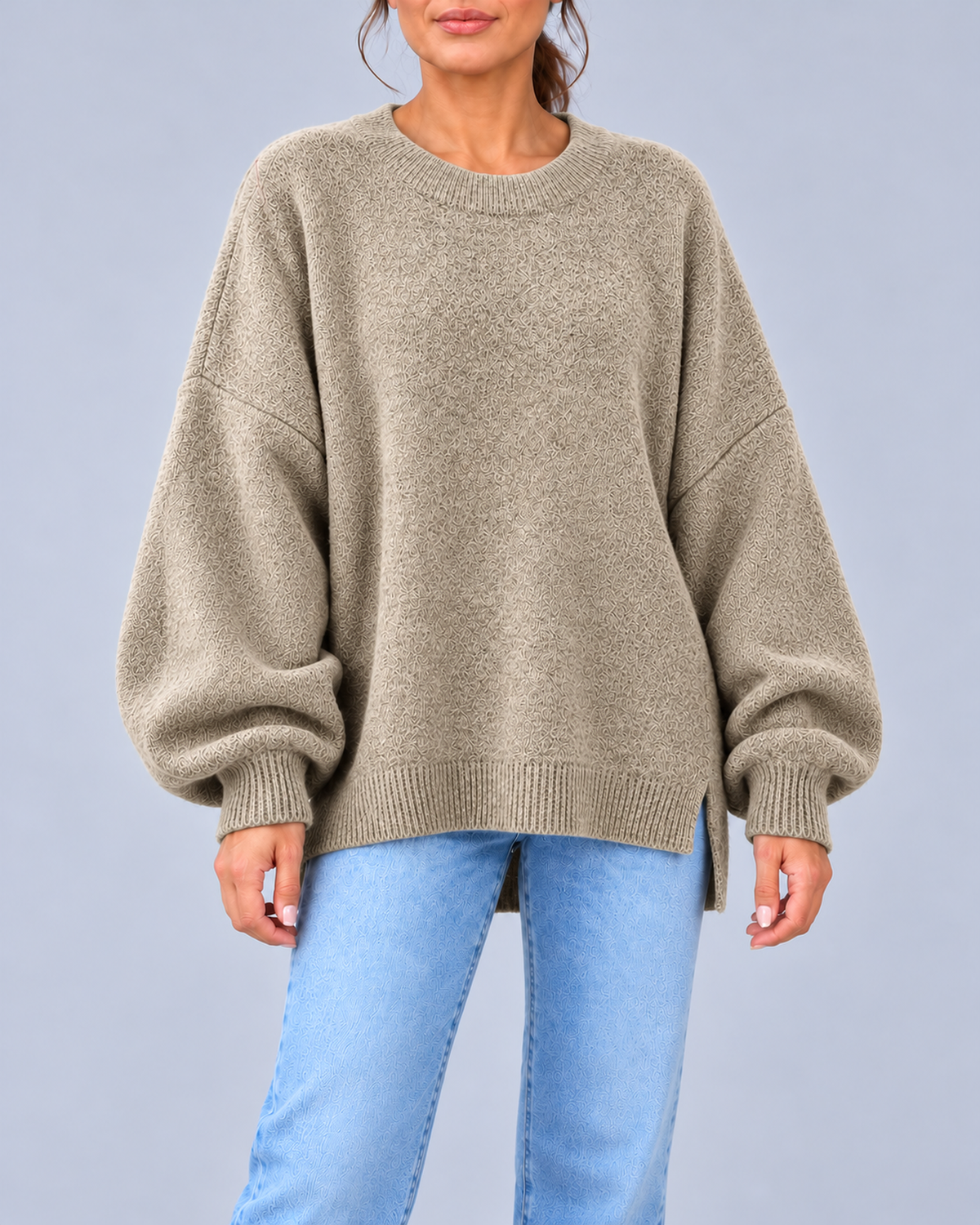 Women's Oversized Crew Neck Knit Jumper with Balloon Sleeves – Beige – 1