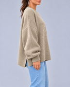 Women's Oversized Crew Neck Knit Jumper with Balloon Sleeves – Beige – 2