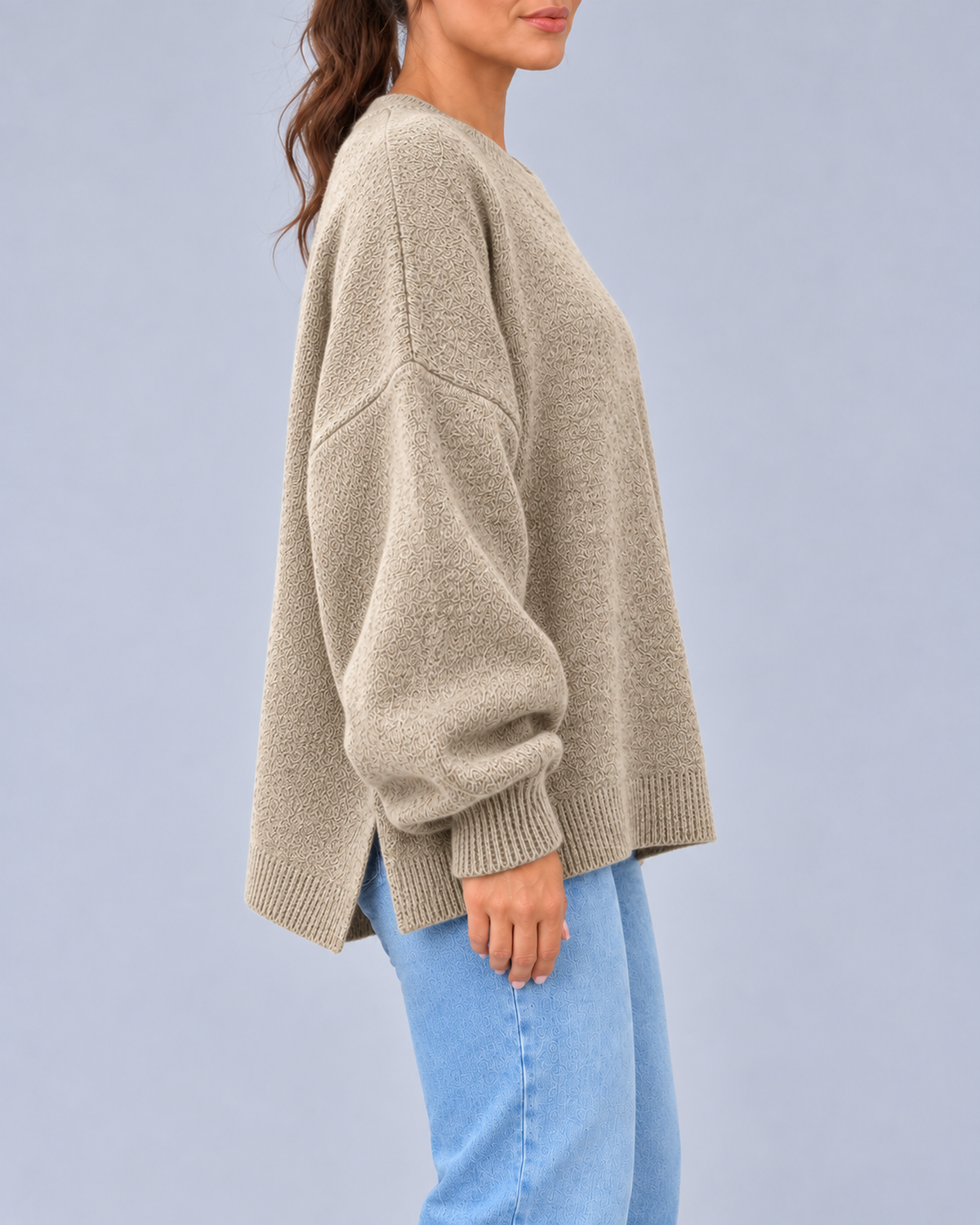 Women's Oversized Crew Neck Knit Jumper with Balloon Sleeves – Beige – 2