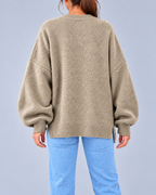 Women's Oversized Crew Neck Knit Jumper with Balloon Sleeves – Beige – 3
