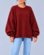 Women's Oversized Crew Neck Knit Jumper with Balloon Sleeves – Burgundy – 1