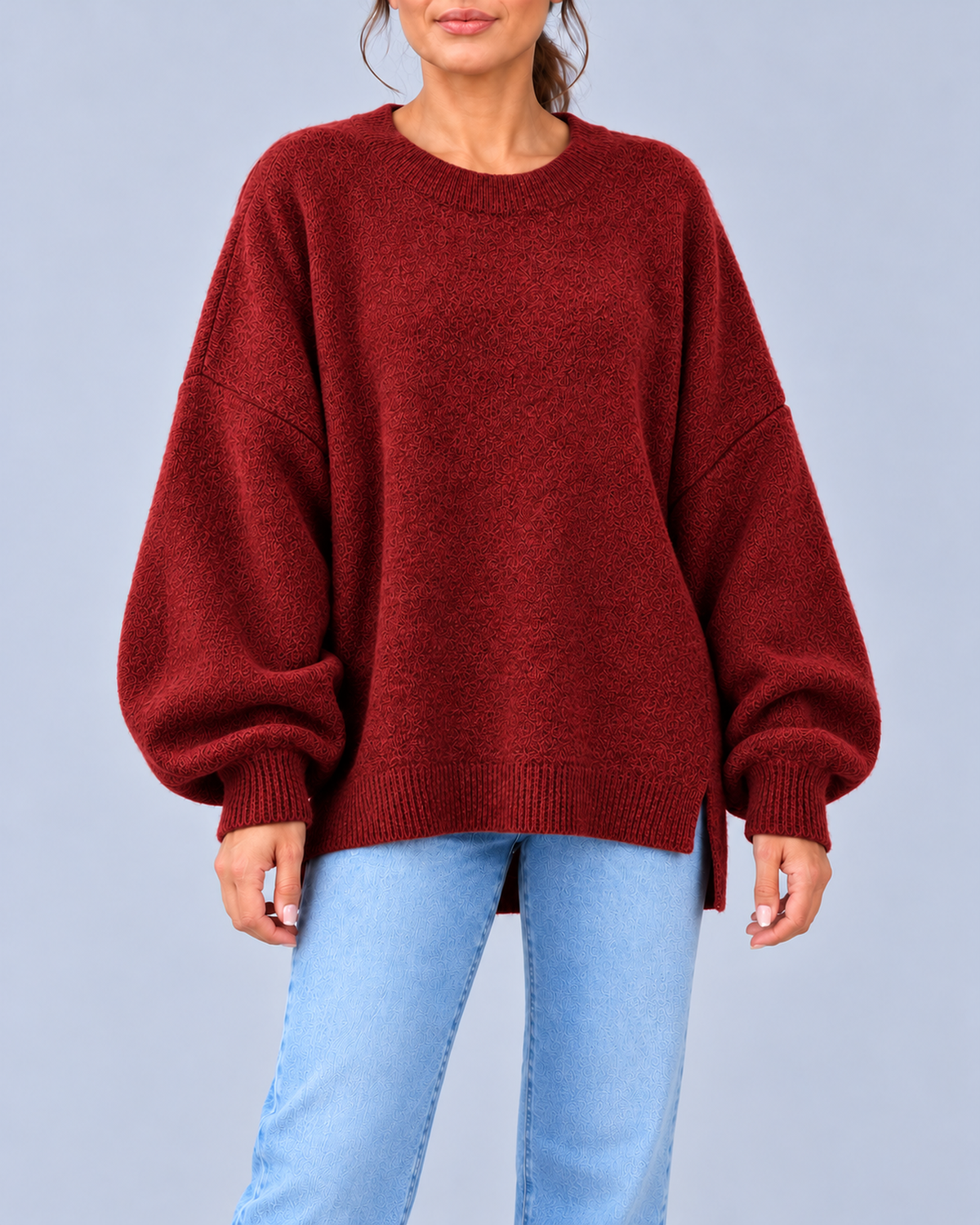 Women's Oversized Crew Neck Knit Jumper with Balloon Sleeves – Burgundy – 1