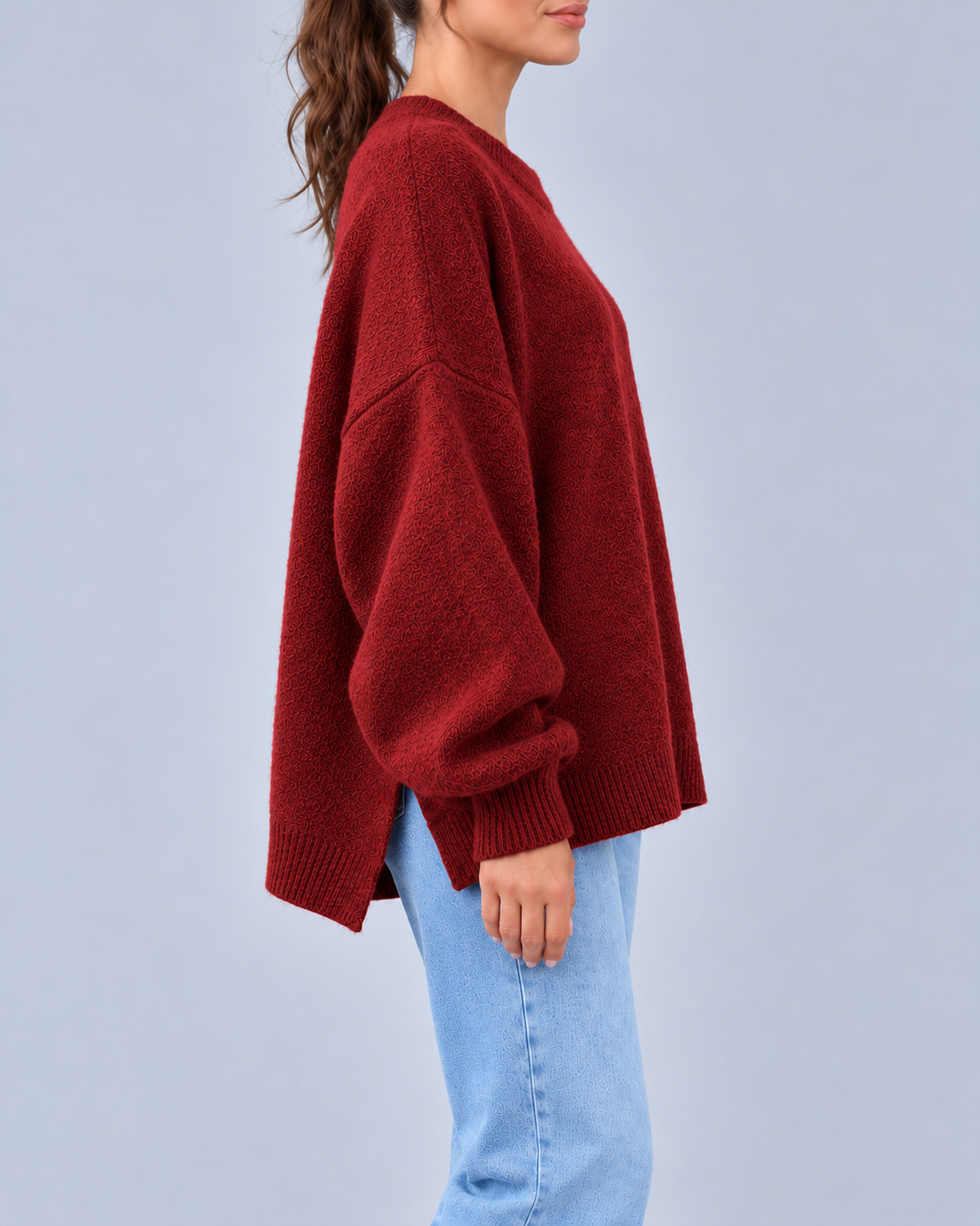 Women's Oversized Crew Neck Knit Jumper with Balloon Sleeves – Burgundy – 2